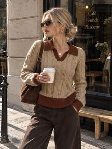Women's Stylish Knitted Pullover Sweater With Long Sleeves, Perfect For Autumn And Winter Casual Wear - Brown - View 1
