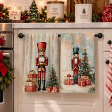 2pcs Nutcracker Print Kitchen Towels, Christmas Tree Gift Box Snowflake Holiday Pattern Hand Towels, Vintage Country Winter Style Dish Cloth Tea Towel, Suitable For Kitchen Cooking, Baking, Cleaning Wiping And Christmas Home Decor, Christmas Winter Holiday Gift - Multicolor - View 4
