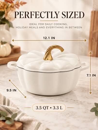 3.5 Qt Pumpkin-Shaped Enameled Cast Iron Dutch Oven With Lid, Off-White Heavy-Duty Casserole Pot, Oven To 500°F, Dual Handles For Soup, Stew, Baking And Table Serving, Fall Kitchen Cookware