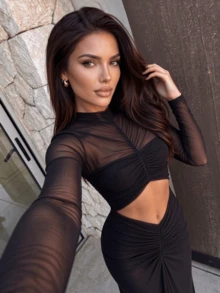 Elegant Sexy Women's Sleeveless Deep V-Neck Mesh Backless Knot Long Cocktail Dress - Black - View 1