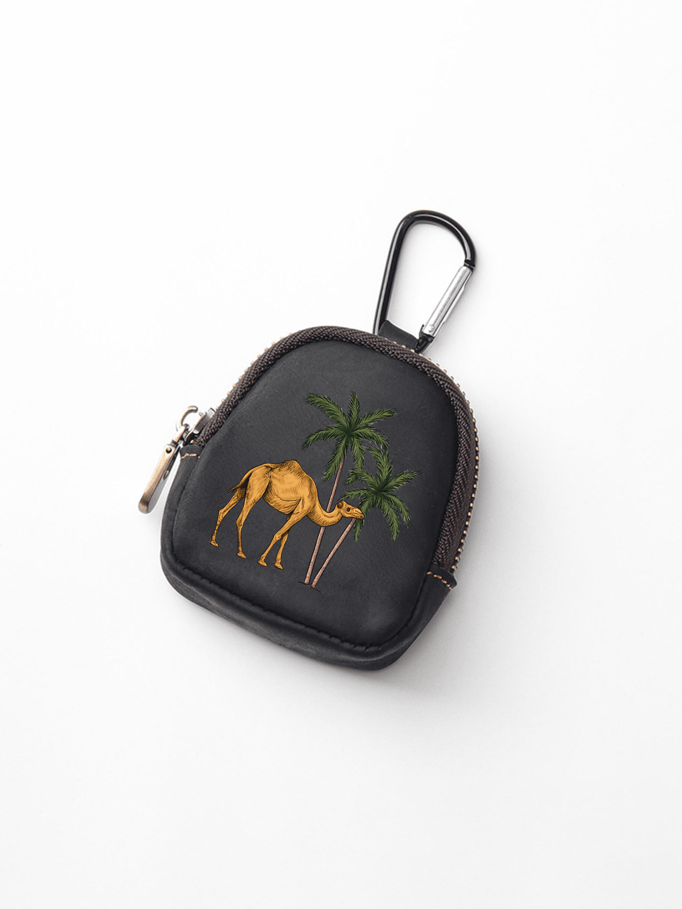 Vintage Camel Palm Tree Mini Leather Coin Purse With Carabiner, Earphone & Key Storage Bag, Portable PU Leather Earphone Organizer, Outdoor Travel Mini Bag - Multicolor - View 14