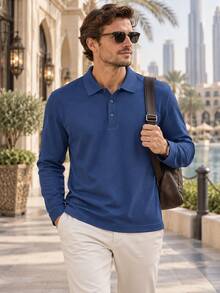Men's Golf Long Sleeve Polo Shirt, Navy Blue Button Placket Regular Fit Collared Top, Classic Outdoor Golf Course Casual, Party Date Running Sports - Navy Blue - View 3