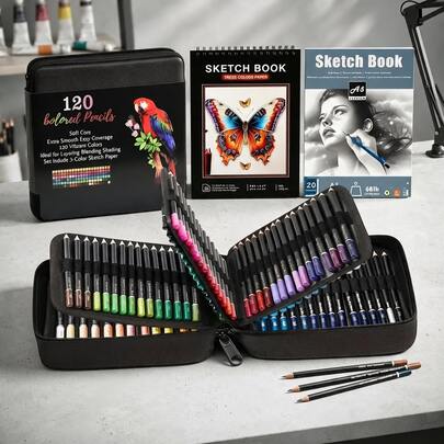 Conjunto de Suprimentos de Arte, 120 Lápis de Cor, Inclui 3 Cadernos de Desenho, Grafite à Base de Óleo, Mais Durável e Mais Afiado, Menos Propenso a Quebrar, Adequado para Artistas Avançados e Entusiastas de Cores, Caixa de Armazenamento com Zíper