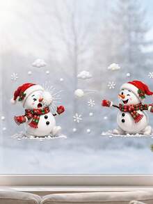 2pcs Christmas Snowman Window Stickers, Cute Cartoon Winter Snowman With Christmas Hat, Scarf And Snowflake Design, Easy To Install Double-Sided Visible Static Window Decals, Suitable For Bedroom, Living Room, Door Glass Holiday Home Decor - one-size - View 7