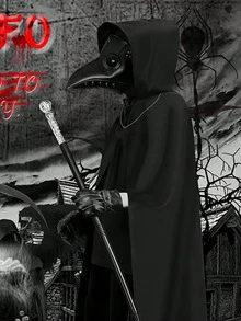 5pcs Medieval Dark Adult Horror PU Steampunk Plague Doctor Bird Mask Oversized Cloak, Suitable For Costume Party, Role Play, Carnival, With Adjustable Strap - Black - View 2