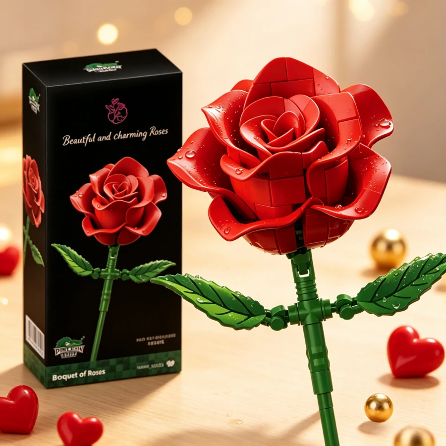 1pc DIY Assembly Rose Flower Building Block Set, Artificial Red Rose Model Bricks, Desktop Home Decor Gift - Multicolor - View 1