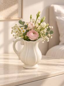 1pc White Ceramic Water Pitcher Vase With Handle And Wavy Spout, Textured Pottery Decorative Flower Vase, Vintage Farmhouse Style Home Decor, Suitable For Living Room, Entryway, Shelf, Mantel, Dining Table Centerpiece, Wedding And Housewarming Gift - Kettle Vase - View 9
