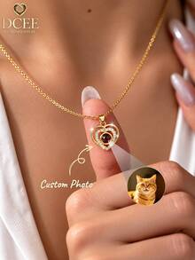 Rhinestone Double Heart Projection Customized Necklace, Customizable Built-In Projection Photo, Exquisite Double-Layer Heart Shape, Surrounded By Sparkling Rhinestones For Enhanced Ambiance. Gold Fine Cross Chain, Lightweight And Comfortable Fit, Durable Material. Romantic Confession Commemorative Accessory, Ideal Gift For Birthday And Anniversary, Stylish For Daily Wear, Projection Hides Exclusive Memories, Unique And Thoughtful. - Double Heart Projection Photo Necklace - View 1