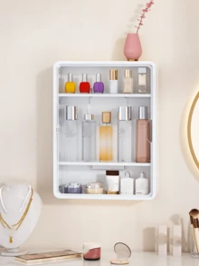 1pc No Drill Wall Mounted Makeup Storage Rack, Multi-Function Cosmetic Organizer Box With Removable Shelves, Transparent Bathroom Accessories, Also Suitable For Blindboxes, Toys And Medicine Storage, Space-Saving Display Box Bathroom Accessories - White-upgraded - View 6