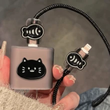 1 Set Korean Style Cool Black Cat Fish Bone Protector Set, Soft Shell Anti-Fall Anti-Scratch Protective Case Extends Lifespan, Minimalist Dark Style Compatible With Iphone 18-20W Charger, Can Be Used As Birthday, Holiday Creative Small Gift - Black Cat Little Fish - View 4