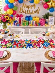 1pc Colorful Gift Birthday Table Runner, Present Box Bow Ribbon Star Print Long Table Decor, Irregular Edge Party Table Cover For Birthday Celebration, Dining Table, Party Supplies, Home Decor - Multicolor - View 7