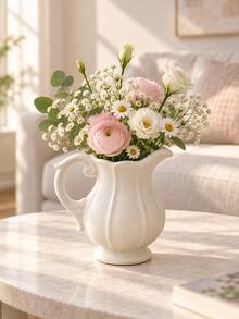 1pc White Ceramic Water Pitcher Vase With Handle And Wavy Spout, Textured Pottery Decorative Flower Vase, Vintage Farmhouse Style Home Decor, Suitable For Living Room, Entryway, Shelf, Mantel, Dining Table Centerpiece, Wedding And Housewarming Gift - Kettle Vase - View 7