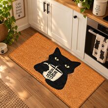 2D Coffee Drinking Cat Pattern Printed Long Runner Mat, Indoor Entrance Rug, Bedroom Bedside Mat, Kitchen Runner Mat, Suitable For Living Room, Laundry Room, Bathroom - Multicolor - View 1