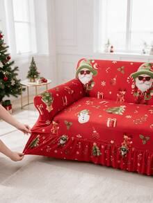 1pc Christmas Santa Claus Ruffle Hem Geometric Pattern Printed Living Room Elastic Spandex Sofa Cover Protector For Chaise Lounge L-Shaped Sofa Cushion Full Coverage 1/2/3/4 Seater - Multicolor - View 10