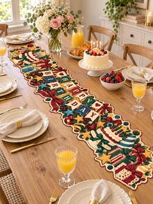 1pc Vintage Birthday Table Runner, Happy Birthday Banner Cake Gift Box Bow Print Long Table Decor, Irregular Edge Party Table Cover For Birthday Party, Dessert Table, Dining Room, Home Decor - Multicolor - View 1