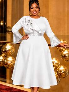 AOMEI Plus Size Women's Elegant Noble Luxury White Mid-Length A-Line Dress, Long Bell Sleeve Design, Round Neck With Ruffle Trim, Suitable For Wedding - White - View 2
