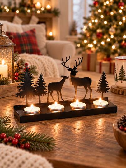 1pc Deer Candle Holder Woodland Forest Silhouette Tabletop Decor Rustic Style Black Holiday Centerpiece Seasonal Home Decoration For Fireplace Mantel Dining Table Entryway Living Room Winter Christmas Party Display Farmhouse Accent