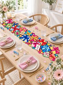 1pc Colorful Gift Birthday Table Runner, Present Box Bow Ribbon Star Print Long Table Decor, Irregular Edge Party Table Cover For Birthday Celebration, Dining Table, Party Supplies, Home Decor - Multicolor - View 14