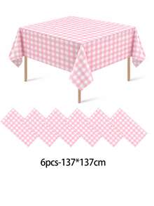 1/6/12PCS-137*274cm Pink And White Plastic Checkered Tablecloth, Decorative Disposable Yellow Plaid Tablecloth, Suitable For Picnic, Farm, Birthday, Wedding Rectangular Tablecloth, Party Tablecloth - Pink - View 14