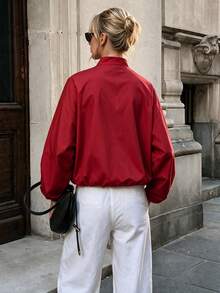 French Style Overlap V-Neck Solid Color Jacket, Slouchy Dropped Shoulder Long Sleeve Loose Fit Casual Commuter Top For Women - Red - View 3