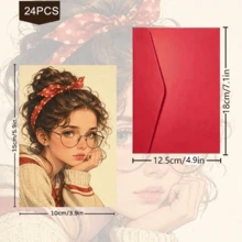 24pcs+A Red Envelope Charming Aesthetic Postcards, Exquisite Girl Sweet Expressions, Suitable For Friend Birthday Celebration, Vintage Art Style Decorative Stationery - Sets - View 3