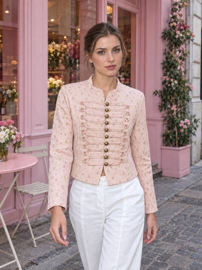 Spring Automn New Women Ditsy Floral Print Stand Collar Toggle Detail Long Sleeve Cropped Jacket Vintage Pink Elegant Slim Fit Outerwear