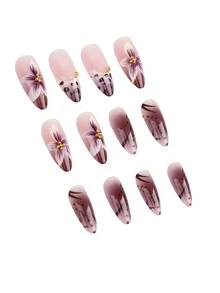 24Pcs Medium Almond Magenta Press On Nails, Irregular Spot French Tips With Brown Ombre, Vintage Purple Floral Pattern & Gold Bead Decor, Elegant Style For Daily Autumn & Winter Wear - Red Violet - View 5