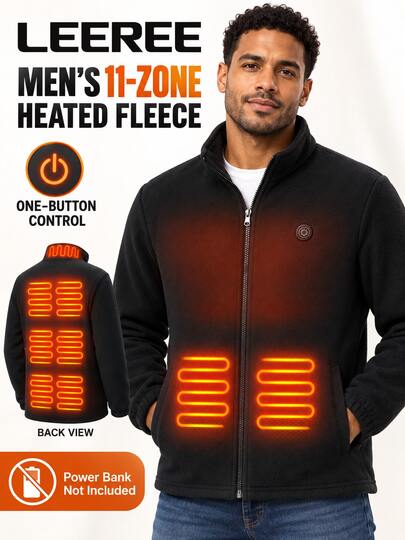 Men's Heated Fleece Jacket, 11 Heating Zones, Full Zip, 3 Heat Levels 55°C, One Button Control, Polar Fleece Outerwear, No Power Bank