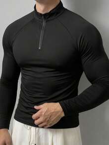 Kaos Polo Lengan Panjang Pria Model Raglan Kasual Musim Gugur/Dingin dengan Resleting, Cocok untuk Pakaian Sosial Sehari-hari - Hitam - View 4