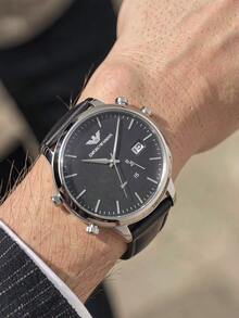 Emporio Armani Men's Chronograph Quartz Watch 46mm Polished Silver Stainless Steel Case Solid Black Matte Dial Black Genuine AR18281 - Black - View 4