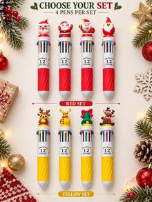 4pcs Christmas Theme 12-Color Ballpoint Pens With Santa Claus, Reindeer And Other Designs, Suitable For Students' Daily Writing, Party Gifts, Note-Taking, And As Christmas Gifts For Children From Parents - Multicolor - View 1