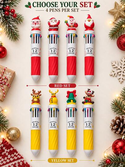 4 piezas de bolígrafos con tema navideño de 12 colores con diseños de Papá Noel, renos y otros, adecuados para la escritura diaria de estudiantes, regalos de fiesta, toma de notas y como regalos de Navidad para niños de parte de sus padres