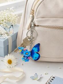 Blue Butterfly Floral Stainless Steel Keychain, Bag Charm Accessory Gift - Multicolor - View 6