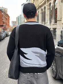 BLACKTOEXIT Men's Crew Neck Long Sleeve Knit Loose Drop Shoulder American Street Style Jacquard Pullover Sweater Autumn Winter - Black - View 8