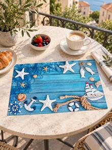 Ocean Nautical Theme Placemats, Blue Wood Grain Starfish Shell Anchor Sailboat Print Table Mats, Suitable For Dining Table Kitchen Beach Vacation Style Home Decor, Party Gathering Setup - Multicolor - View 6