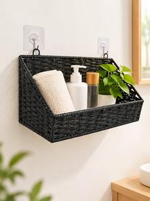 1pc Bathroom Storage Rack Decorative Storage Shelf Woven Bamboo Hanging Storage Basket Bathroom Accessories Kitchen Storage Wall-Mounted Toiletries Storage Basket - Multicolor - View 5