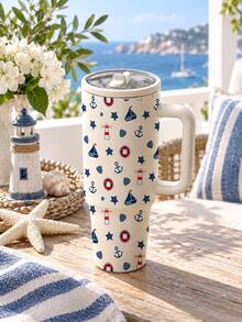 1pc 40oz Nautical-Print Insulated Mug With Handle, Straw, And Lid. Large Capacity Stainless Steel Travel Mug, Suitable For Party Supplies, Car Use, Office, And Vacations - White - View 2