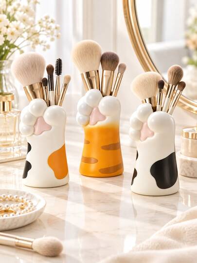 1pc Cute Cat Paw Makeup Brush Holder, Resin Cosmetic Brush Organizer Cup, Kawaii Calico Cat And Orange Tabby Vanity Storage, Makeup Tools Container, Cute Bathroom Countertop Decor, Desk Pencil Holder, Beauty Room Accessories, Gift For Cat Lovers