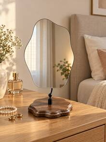 Nordic Cloud-Shaped Irregular Tabletop Makeup Mirror, Frameless Vanity Mirror With Walnut Wood Base & Gold/Black Metal Stand, Decorative Mirror For Bedroom, Dressing Table & Bathroom - Multicolor - View 7