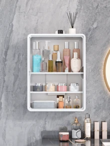 1pc No Drill Wall Mounted Makeup Storage Rack, Multi-Function Cosmetic Organizer Box With Removable Shelves, Transparent Bathroom Accessories, Also Suitable For Blindboxes, Toys And Medicine Storage, Space-Saving Display Box Bathroom Accessories - White-upgraded - View 3