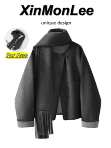 Korean Style Autumn/Winter Double-Sided Overcoat, Round Neck, Versatile Short Length, Slimming Wool Jacket, Elegant For Vacation And Travel - Grey - View 1