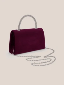 REMANLAND Charming Burgundy Handbag With Crystal Decorated Handle And Draping Details, Elegant Party Clutch Suitable For Banquets, Receptions And Evening Gowns - Burgundy - View 7