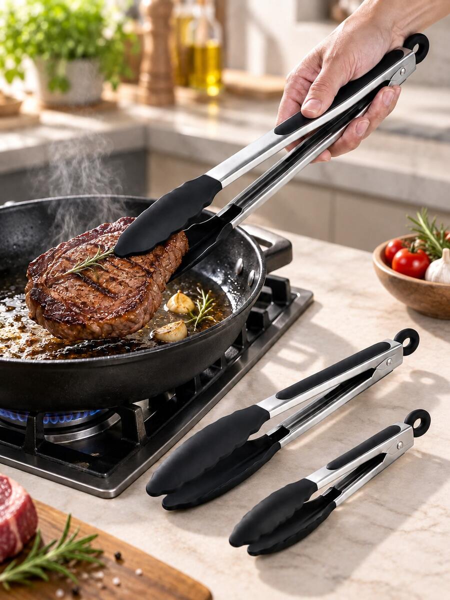 Set Penjepit Dapur Stainless Steel 3 Buah, Penjepit Makanan Ukuran Besar, Sedang, dan Kecil dengan Ujung Silikon Anti Selip dan Cincin Gantung, Penjepit Masak Multifungsi untuk Memanggang, Steak, Salad, Membakar, BBQ, Menyajikan, dan Aksesori Dapur Rumah Tangga - MultiWarna - View 1