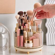 Organizer Makeup Warna Krem dengan Sisi Bergaris Transparan dan Banyak Kompartemen, Tempat Kuas Makeup dan Lipstik untuk Meja Rias - MultiWarna - View 7