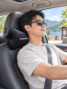1pc Black Velvet Car Headrest Cushion With Sports Letter Pattern, Suitable For Car Seats, Center Console, Enhancing Interior Comfort For Commuting And Road Trips, Easy To Place Car, SUV And Truck Interior Accessories - Sports - View 2