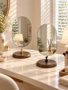 Nordic Minimalist Desktop Makeup Mirror, Frameless Oval Vanity Mirror With Walnut Wood Base, Adjustable Tabletop Makeup Mirror, Suitable For Bedroom, Vanity, Bathroom And Home Decor - Multicolor - View 7