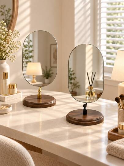 Nordic Minimalist Desktop Makeup Mirror, Frameless Oval Vanity Mirror With Walnut Wood Base, Adjustable Tabletop Makeup Mirror, Suitable For Bedroom, Vanity, Bathroom And Home Decor