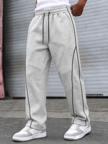 Men's Grey Loose Wide Leg Sweatpants, Drawstring Waist, Contrast Trim, Side Pockets, Open Hem - Light Grey - View 4