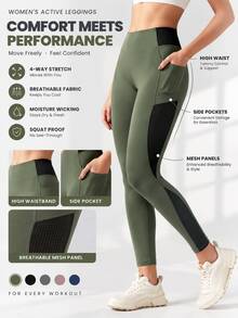 Women's High Waist Mesh Patchwork Pocket Sports Leggings, Colorblock Split Design Fitness Yoga Pants, Butt-Lifting High Elasticity Workout Tight Pants For Gym, Running, Casual Wear - Army Green - View 1