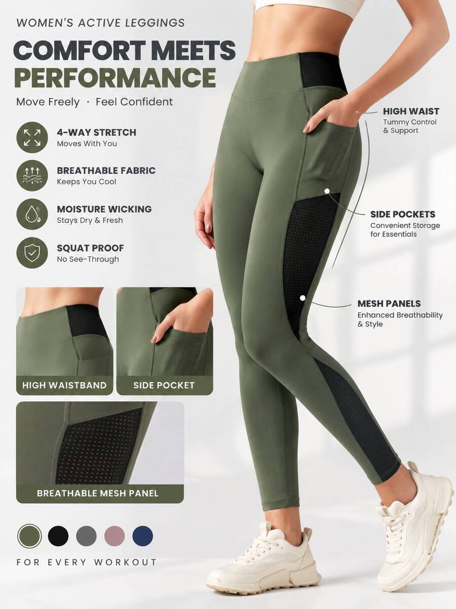 Women's High Waist Mesh Patchwork Pocket Sports Leggings, Colorblock Split Design Fitness Yoga Pants, Butt-Lifting High Elasticity Workout Tight Pants For Gym, Running, Casual Wear - Army Green - View 1